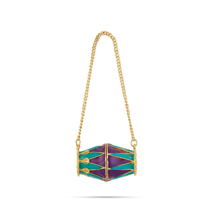 Dholak Toy With Chain - 1 x 0.5 Inches | Stone & Gold Polish Musical Drum/ Enamel Musical Dhol for Janmanstami Decor - Deity Accessories