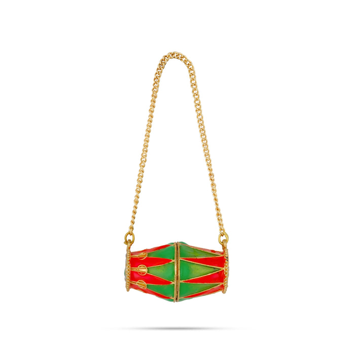 Dholak Toy With Chain - 1 x 0.5 Inches | Stone & Gold Polish Musical Drum/ Enamel Musical Dhol for Janmanstami Decor - Deity Accessories