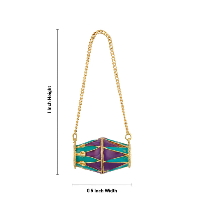 Dholak Toy With Chain - 1 x 0.5 Inches | Stone & Gold Polish Musical Drum/ Enamel Musical Dhol for Janmanstami Decor - Deity Accessories