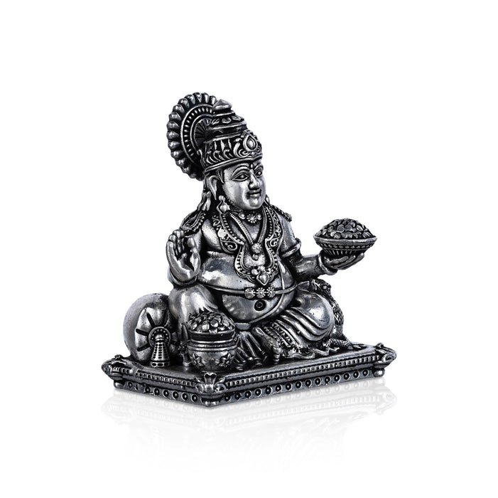 Kuber Statue Sitting On Sinhasan - 2 X 1.5 Inches | Silver Idol/ Antique Polish Kubera Statue For Wealth Pooja - German Silver Murties
