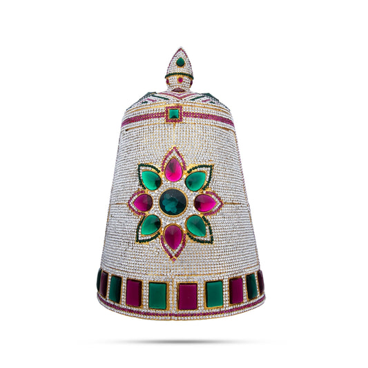 Stone Half Kireedam - 14 x 8.5 Inches | Half Kiridam/ Half Crown/ Multicoloured Stone Mukut for Deity Decor - Head & Face Accessories
