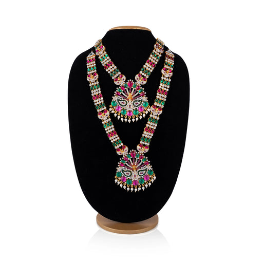 Stone Necklace & Stone Haram Pair - 12.5 Inches | Peacock Design Multicolour Stone Artificial Jewelry for Deity - Neck & Body Accessories