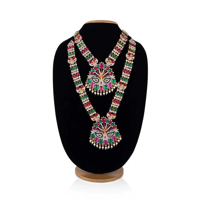 Stone Necklace & Stone Haram Pair - 12.5 Inches | Peacock Design Multicolour Stone Artificial Jewelry for Deity - Neck & Body Accessories