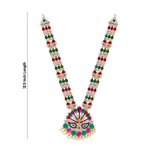 Stone Necklace & Stone Haram Pair - 12.5 Inches | Peacock Design Multicolour Stone Artificial Jewelry for Deity - Neck & Body Accessories