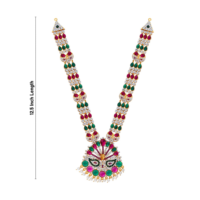 Stone Necklace & Stone Haram Pair - 12.5 Inches | Peacock Design Multicolour Stone Artificial Jewelry for Deity - Neck & Body Accessories