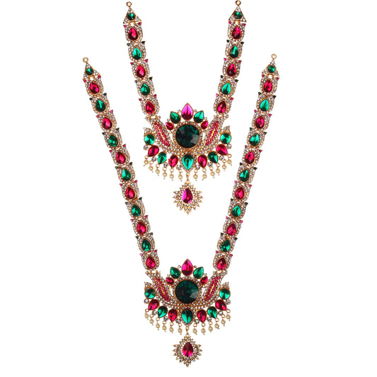 Stone Haram & Stone Necklace Set - 14 x 4 Inches | Multicolour Stone Jewelry/ Jewellery for Deity - Neck & Body Accessories