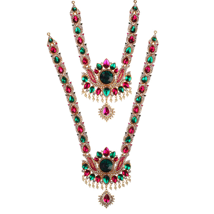 Stone Haram & Stone Necklace Set - 14 x 4 Inches | Multicolour Stone Jewelry/ Jewellery for Deity - Neck & Body Accessories