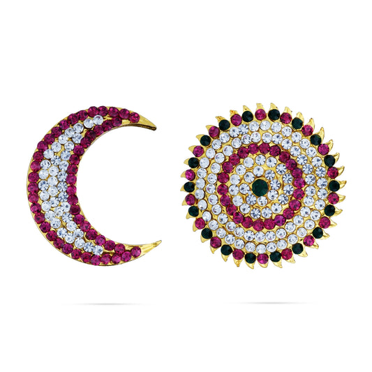 Stone Sun and Moon Billai - 1.5 x 2.5 Inches | Multicolour Stone Jewellery/ Hair Accessories for Deity - Head & Face Accessories