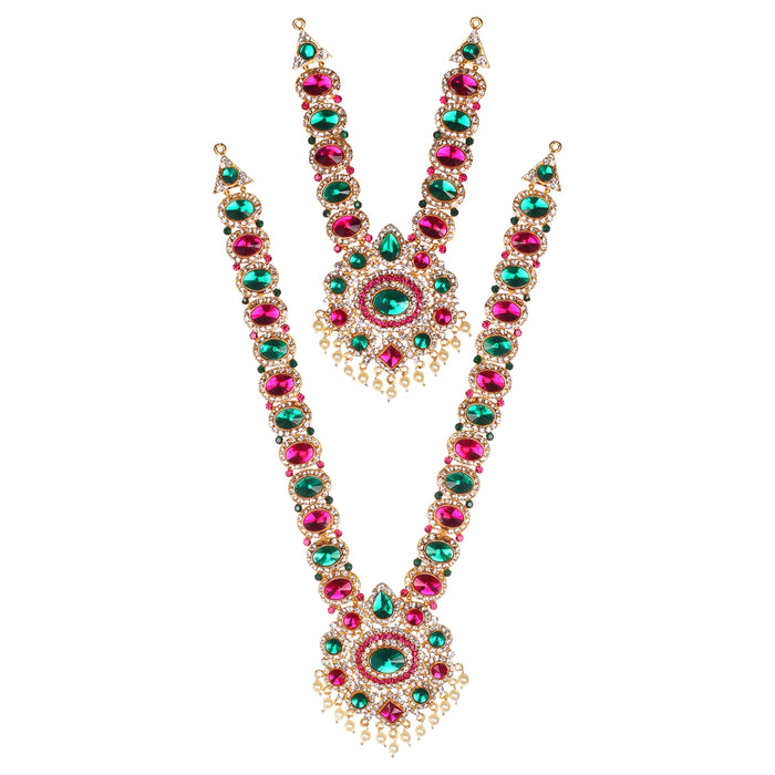 Stone Haram and Necklace - 12 x 3 Inches | Haram & Necklace Set/ Multicolour Stone Jewelry for Deity - Neck & Body Accessories