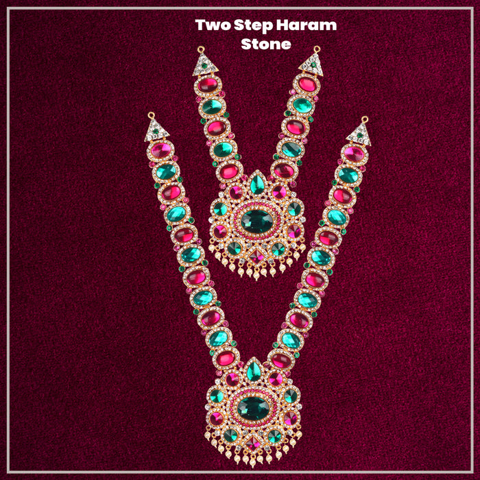 Stone Haram & Stone Necklace Set - 12.5 x 3.5 Inches | Multicolour Stone Jewelry/ Jewellery for Deity