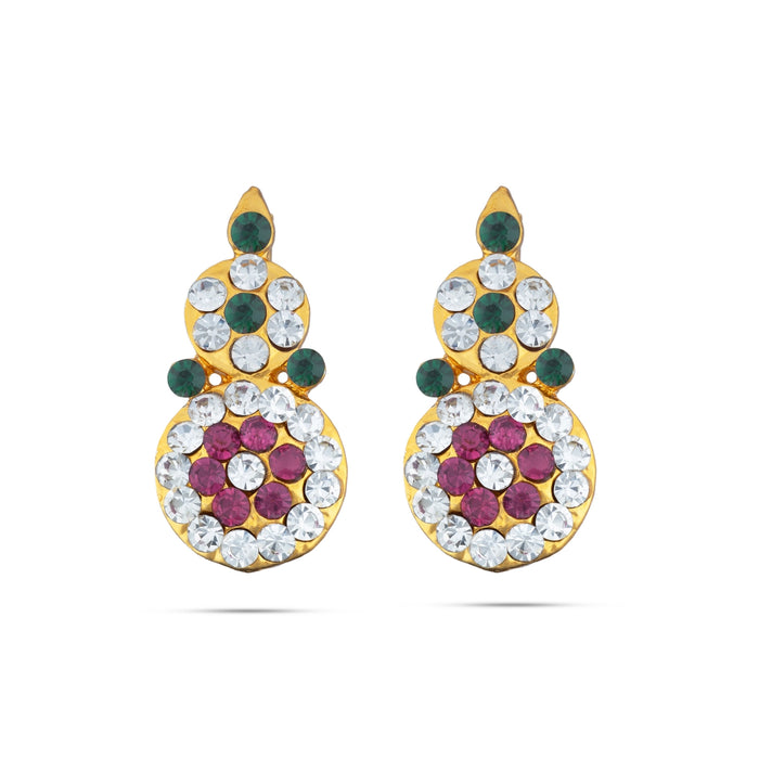 Stone Earring Pair - 1.25 x 0.5 Inches | Stud Earring/ Multicolour Stone Karnapathiram for Deity/ 10 Gms Approx - Head & Face Accessories