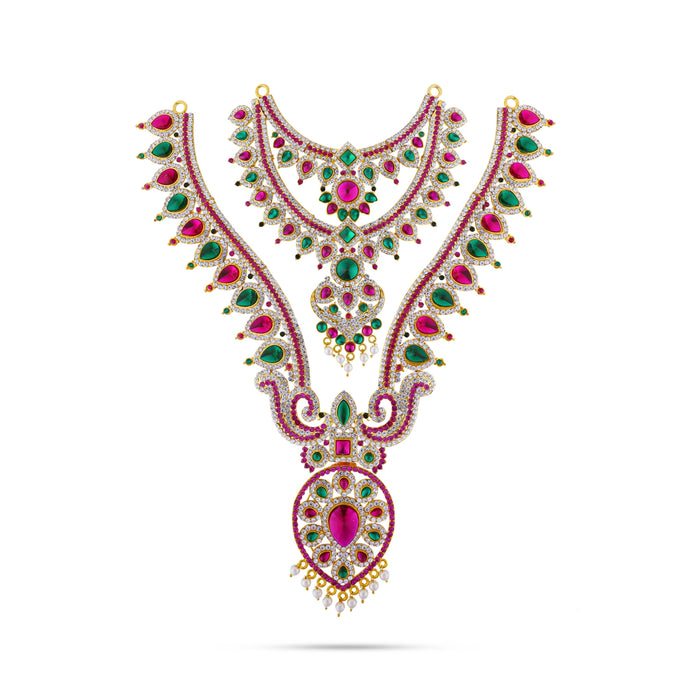 2 Line Stone Necklace & Stone Haram Pair- 13 Inches | Multicolour Stone Jewellery/ Artificial Jewelry For Deity - Neck & Body Accessories