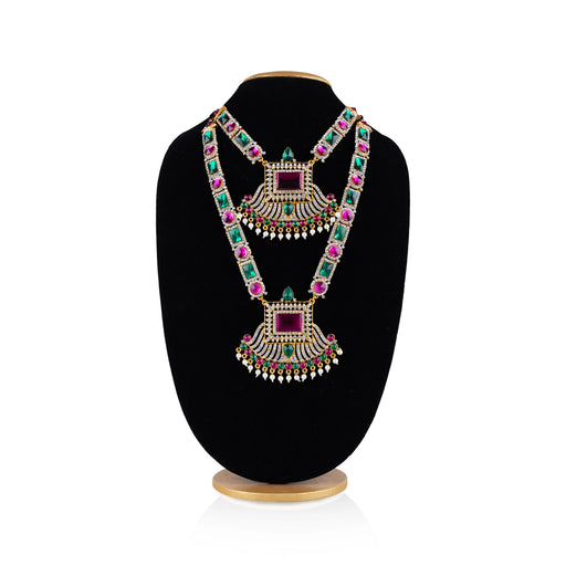 Stone Haram & Stone Necklace Pair - 13 x 4 Inches | Multicolour Stone Jewelry/ Artificial Jewellery for Deity - Neck & Body Accessories