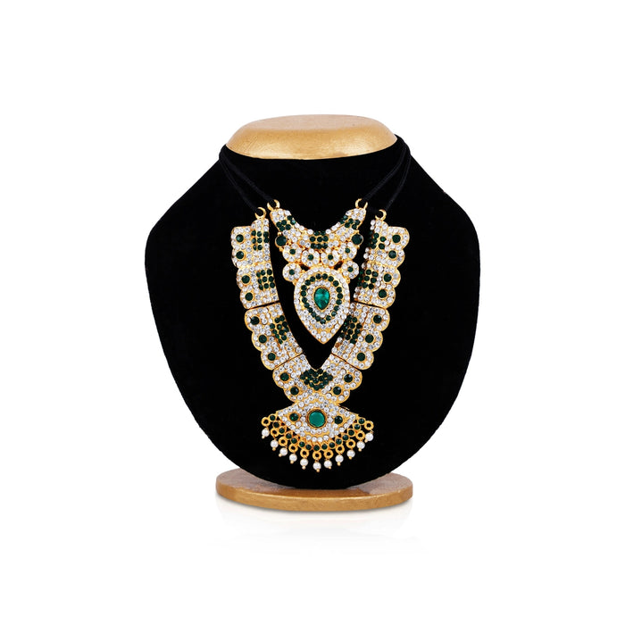 Stone Haram & Stone Necklace Pair - 5 x 2 Inches | White & Green Stone Jewelry/ Artificial Jewellery for Deity - Neck & Body Accessories