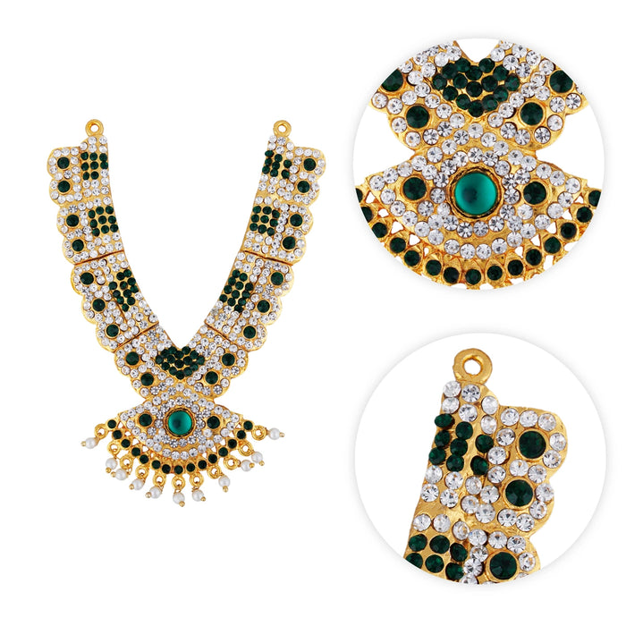 Stone Haram & Stone Necklace Pair - 5 x 2 Inches | White & Green Stone Jewelry/ Artificial Jewellery for Deity - Neck & Body Accessories