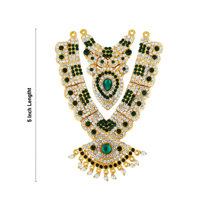 Stone Haram & Stone Necklace Pair - 5 x 2 Inches | White & Green Stone Jewelry/ Artificial Jewellery for Deity - Neck & Body Accessories