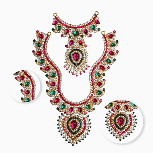 Stone Haram and Necklace Set - 8 x 5 Inches | Haram Necklace Set/ Multicolour Stone Jewelry/ Jewellery for Deity - Neck & Body Accessories