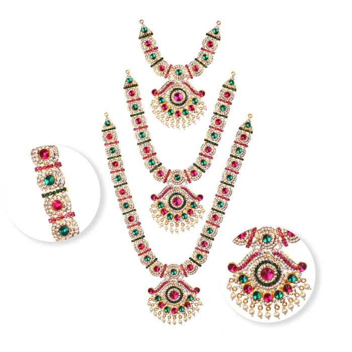 Necklace Haram Set - 15 x 6 Inches| Three Step Necklace/ MultiColour Stone Jewellery for Deity