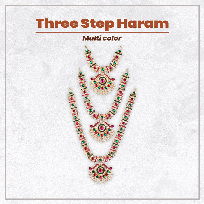 Necklace Haram Set - 15 x 6 Inches| Three Step Necklace/ MultiColour Stone Jewellery for Deity - Neck & Body Accessories