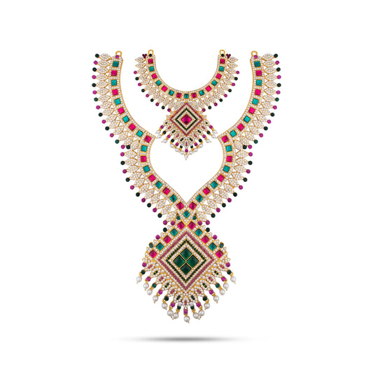 Stone Haram And Necklace Pair - 16 x 10 Inches | Multicolour Stone Jewellery/ Artificial Jewelry for Deity - Neck & Body Accessories