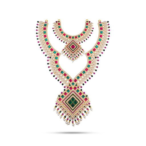 Stone Haram And Necklace Pair - 16 x 10 Inches | Multicolour Stone Jewellery/ Artificial Jewelry for Deity - Neck & Body Accessories