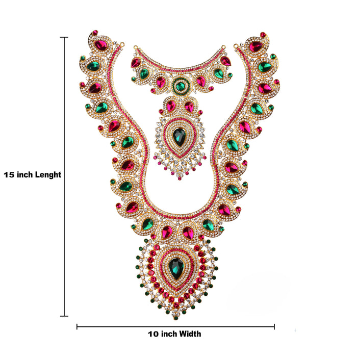 Stone Haram & Stone Necklace Set - 15 x 10 Inch Mango | Multicolour Stone Jewelry/ Jewellery for Deity