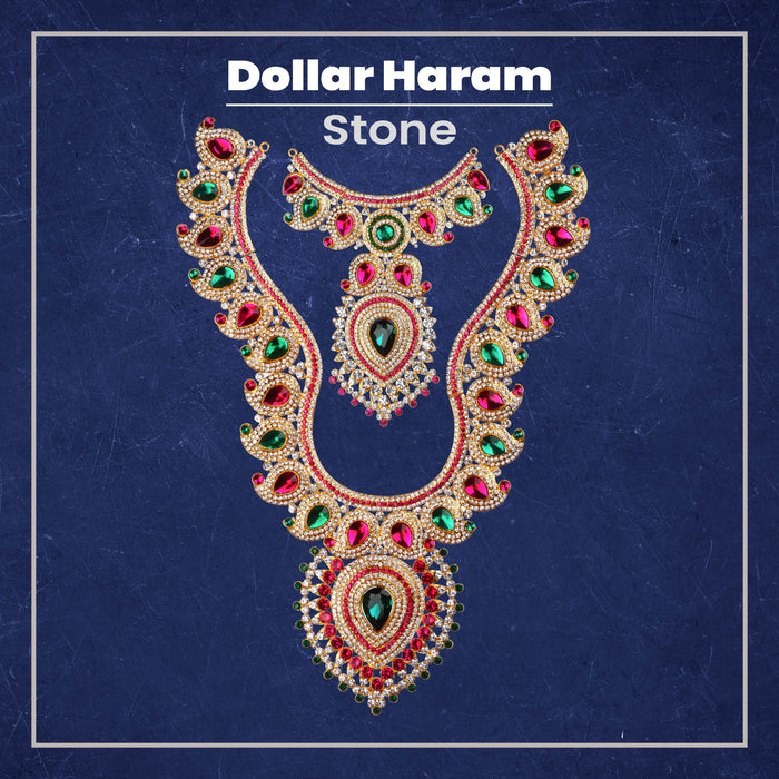 Stone Haram & Stone Necklace Set - 15 x 10 Inch Mango | Multicolour Stone Jewelry/ Jewellery for Deity