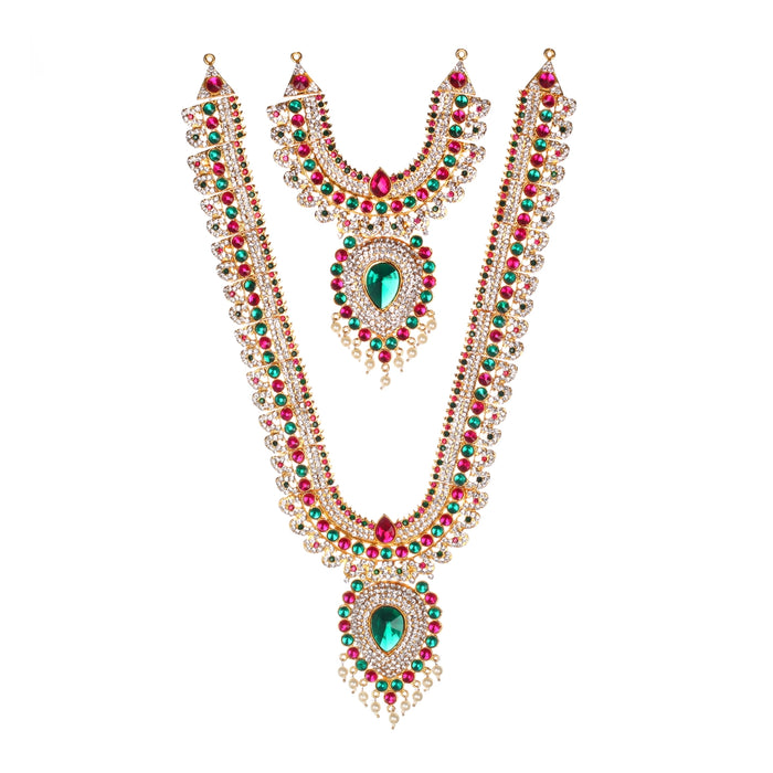 Stone Haram & Stone Necklace Set - 14 x 2.5 Inches | Multicolour Stone Jewelry/ Jewellery for Deity - Neck & Body Accessories