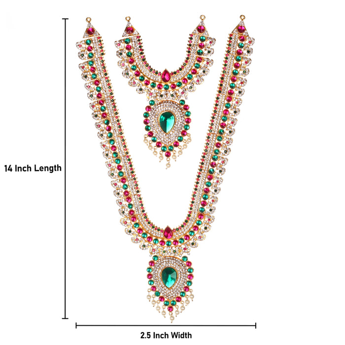 Stone Haram & Stone Necklace Set - 14 x 2.5 Inches | Multicolour Stone Jewelry/ Jewellery for Deity - Neck & Body Accessories