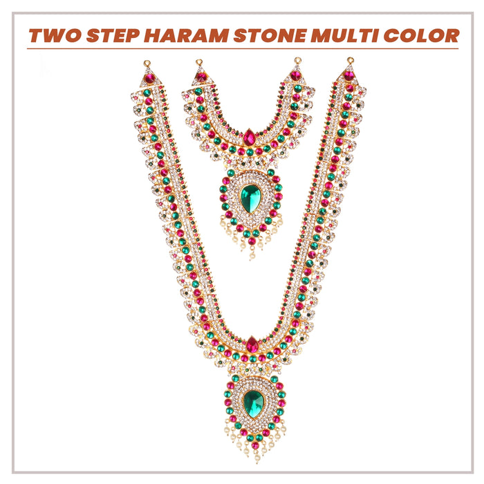 Stone Haram & Stone Necklace Set - 14 x 2.5 Inches | Multicolour Stone Jewelry/ Jewellery for Deity - Neck & Body Accessories