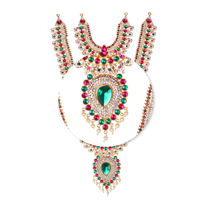 Stone Haram & Stone Necklace Set - 14 x 2.5 Inches | Multicolour Stone Jewelry/ Jewellery for Deity
