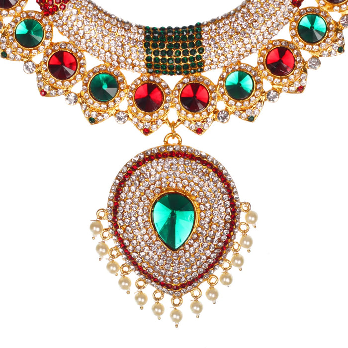 Stone Haram and Necklace Set - 14 x 9.5 Inches | Haram Necklace Set/ Multicolour Stone Jewelry/ Jewellery for Deity - Neck & Body Accessories