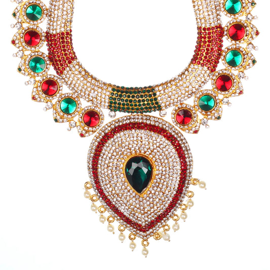 Stone Haram and Necklace Set - 14 x 9.5 Inches | Haram Necklace Set/ Multicolour Stone Jewelry/ Jewellery for Deity - Neck & Body Accessories