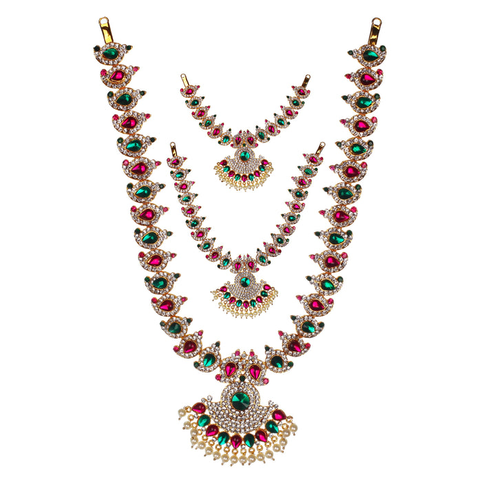 Stone Necklace Set - 14 x 6 Inches | Multicolour Stone Jewelry/ Three Step Haaram/ Jewellery for Deity
