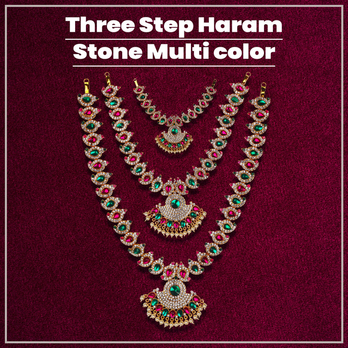 Stone Necklace Set - 14 x 6 Inches | Multicolour Stone Jewelry/ Three Step Haaram/ Jewellery for Deity