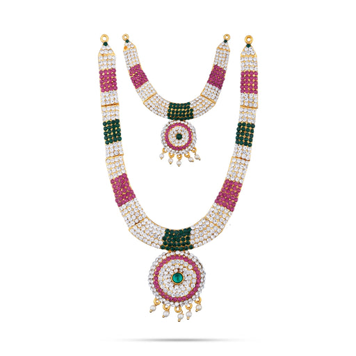 Stone Necklace & Stone Haram Pair - 7 X 4 Inches | Multicolour Stone Jewellery/ Artificial Jewelry For Deity - Neck & Body Accessories