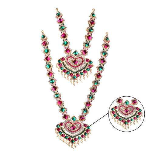 Stone Haram and Necklace - 12 x 3.5 Inches | Haram & Necklace Set/ Multicolour Stone Jewelry for Deity - Neck & Body Accessories