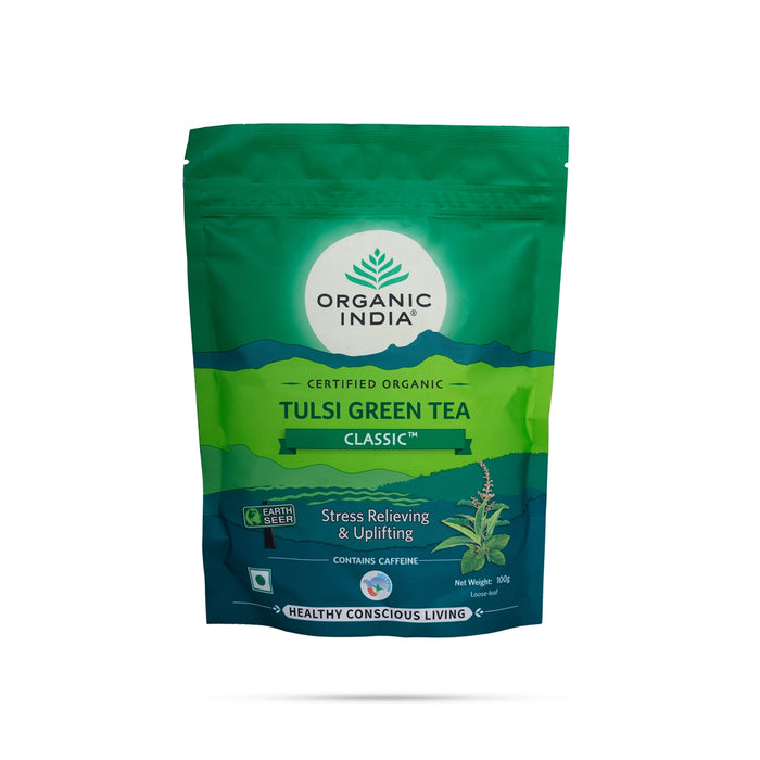 Tulsi Green Tea Classic Zipper Pouch - 100 Gms | Organic India Tulsi Tea/ Tulasi Green Tea For Stress Relief - Coffee & Tea
