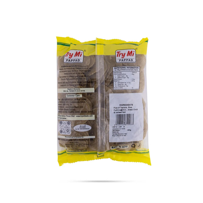 Pudina Papad - 200 Gms | Mint Appalam/ Try Mi Pappad/ Crispy Fryums For Snack Lovers And Meal Side Dish - Papad & Vadam