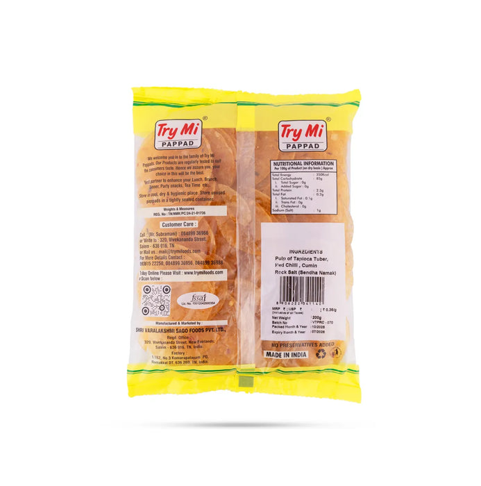 Red Chilli Sago Papad - 200 Gms | Javvarisi Appalam/ Try Mi Pappad/ Sabudana Fryums For Meal Side Dish - Papad & Vadam