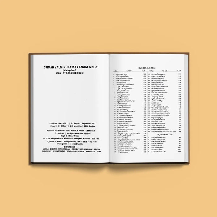 Srimad Valmiki Ramayanam 2 Volumes Set - Malayalam |by Vyasar/ Hindu Purana/ Hindu Religious Book - Epic & Purana