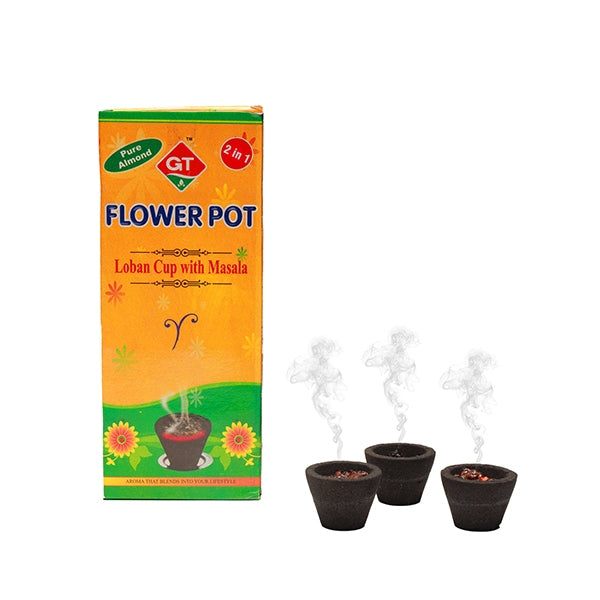 GT Flower Pot Cup Sambrani is made from the resin of a tree that is dried, powdered and burnt.