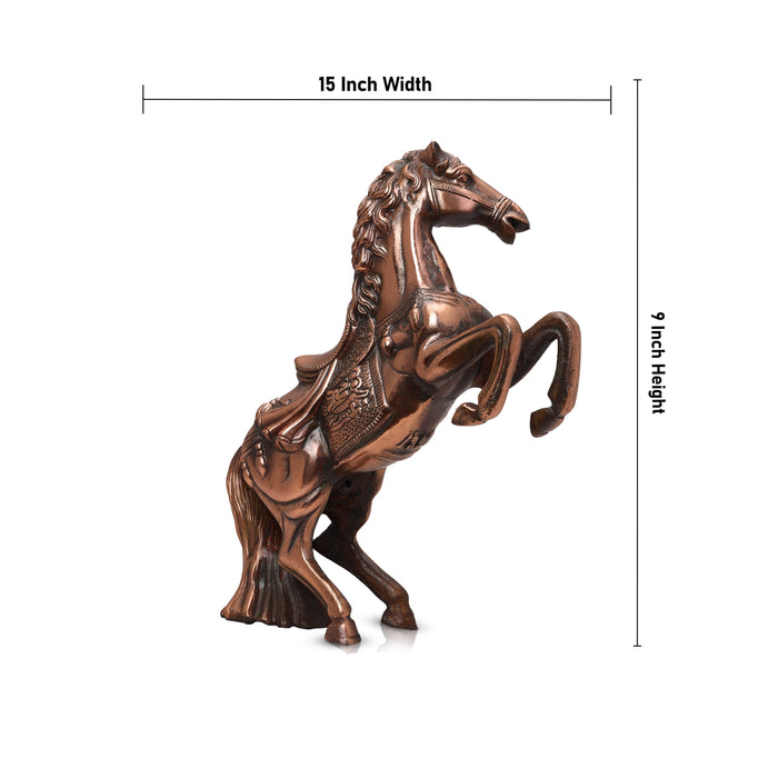 Jumping Horse Statue - 9 Inches | Horse Figurine/ Copper Oxidised Horse Sculpture for Pooja/ 1300 Gms Approx - Table Stand Accessories