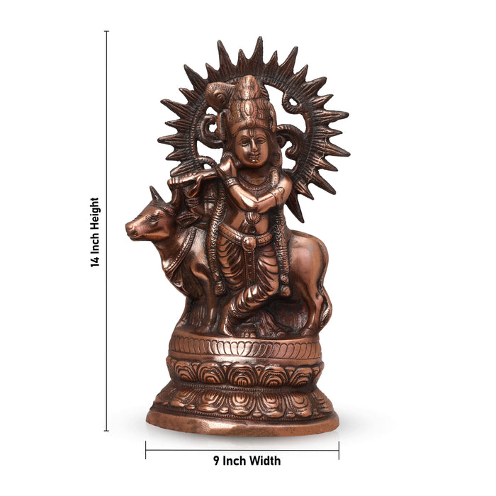 Krishnan Statue - 14 Inches | Copper Idol/ Cow Krishna Idol for Pooja/ 1.240 Kgs Approx - Copper Murties