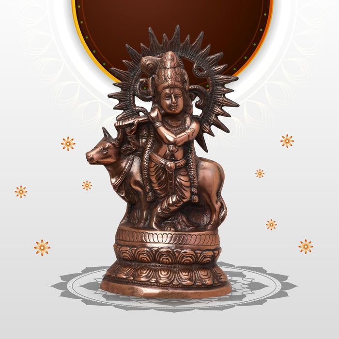Krishnan Statue - 14 Inches | Copper Idol/ Cow Krishna Idol for Pooja/ 1.240 Kgs Approx - Copper Murties