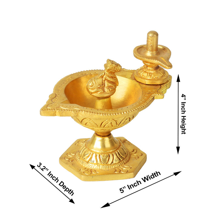 Brass Diya - 4 x 5 Inches | Agal Deep with Shivling Nandi/ Brass Lamp for Pooja/ 520 Gms Approx