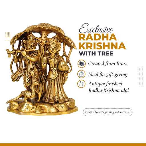 Radha Krishna with Tree Idol - 8 Inches | Antique Brass Statue/ Radha Krishna Murti for Pooja - Brass Murties