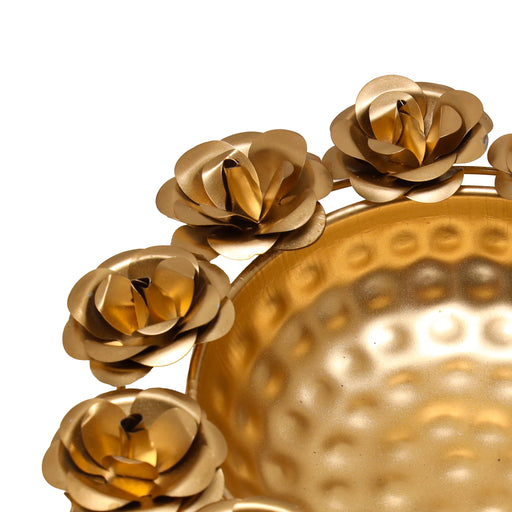 Metal Flower Pot - 2 x 8 Inches | Brass Polish Urli/ Rose Design Uruli for Pooja/ 195 Gms Approx - Uruli & Flower Pot