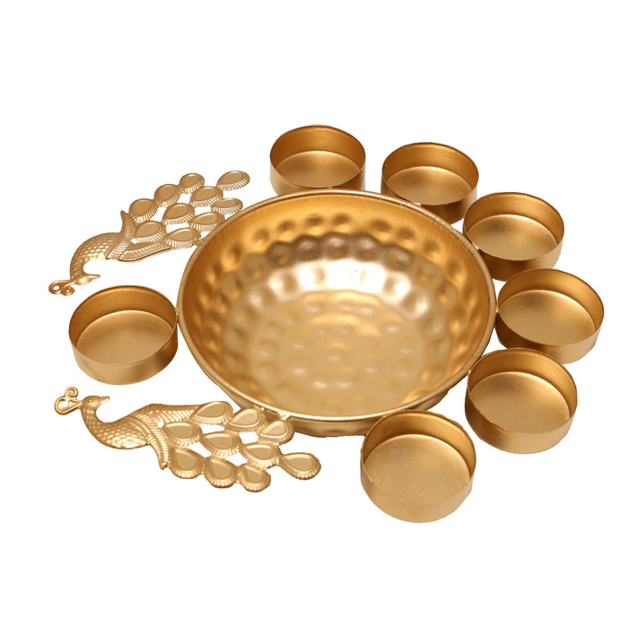 Metal Uruli - 2 x 8.5 Inches | Brass Polish Urli/ T Lite Holder & Peacock Design Flower Pot for Pooja/ 175 Gms Approx - Uruli & Flower Pot