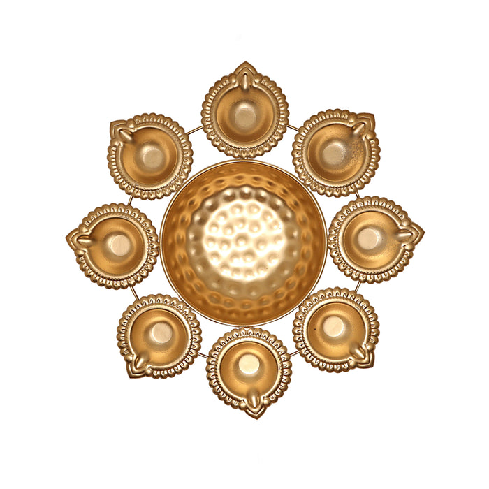 Metal Flower Pot - 1.5 x 10.5 Inches | Brass Polish Urli/ 9 Diya with Uruli for Pooja/ 270 Gms Approx - Uruli & Flower Pot